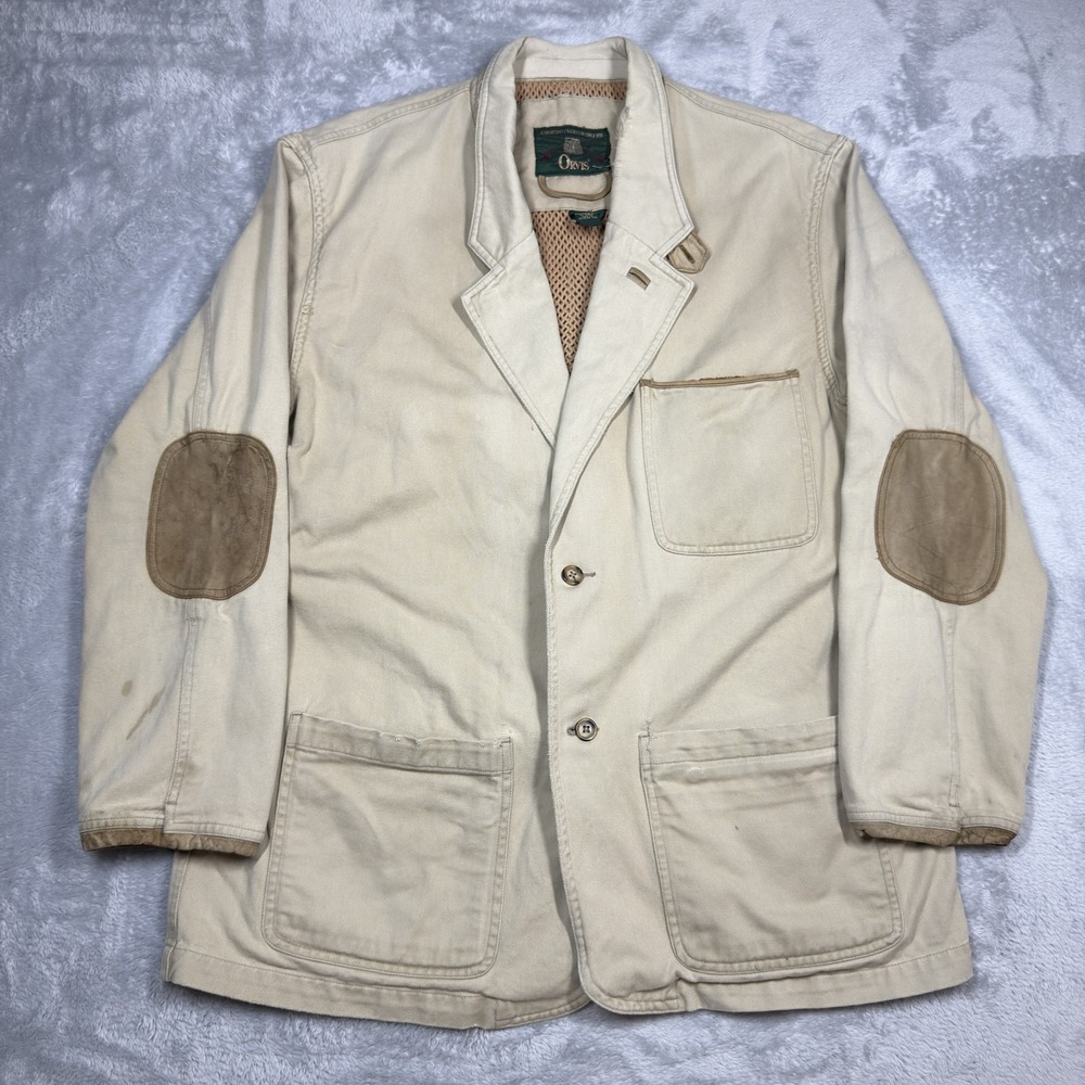 Orvis Field Safari Jacket Mens L Tan Canvas Elbow Patches Hunting Coat Y2K